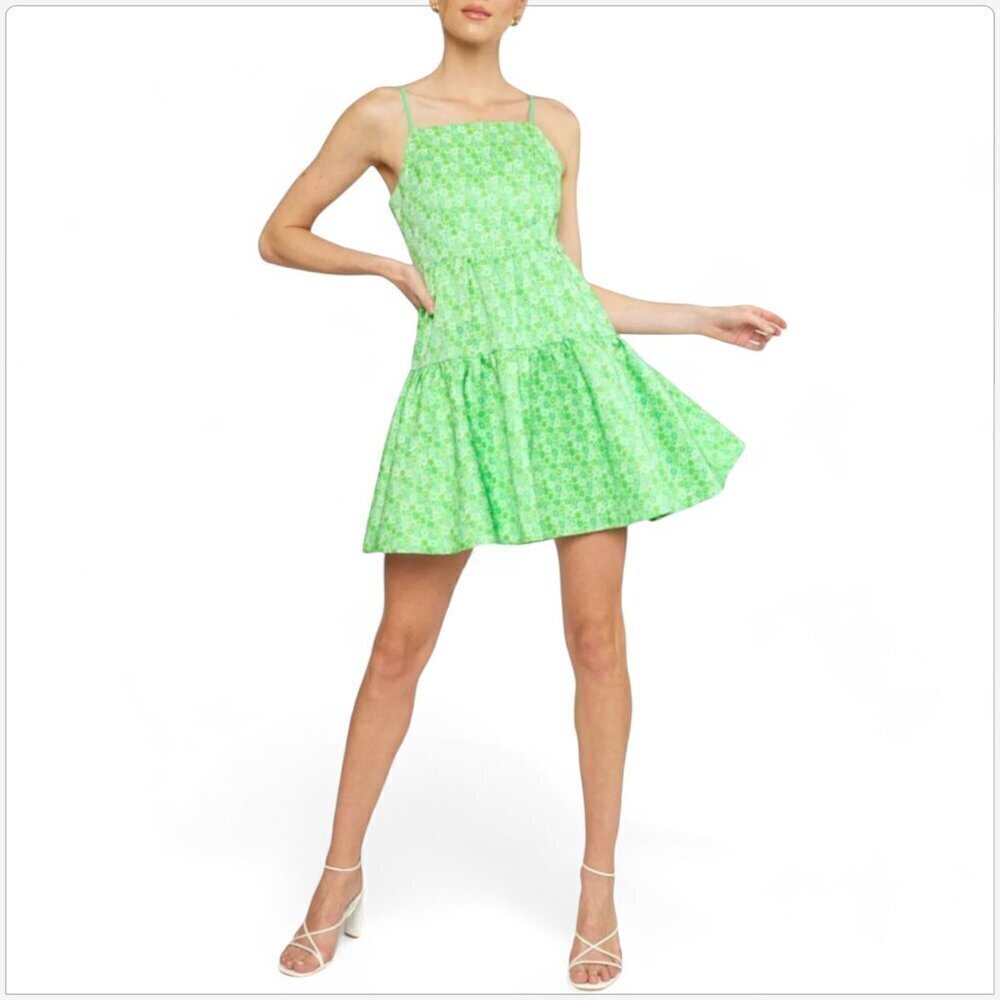Entro Green Floral Jacquard Tiered Spaghetti Strap Mini Summer Dress NWT NEW M